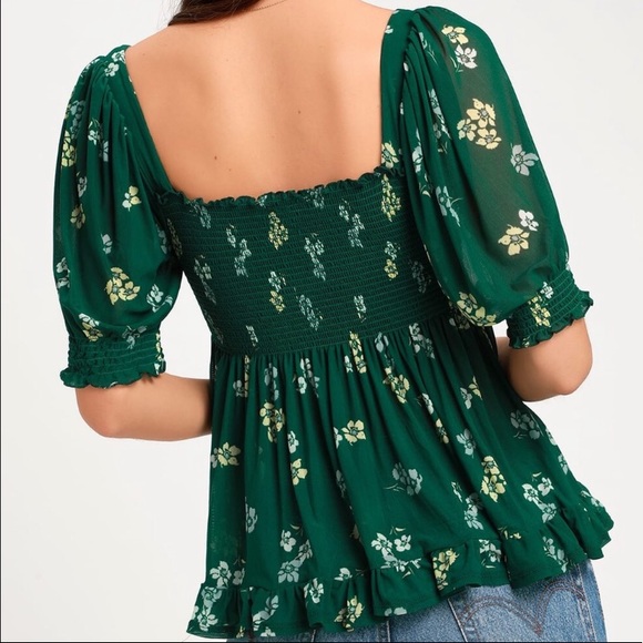 FREE PEOPLE Delta Dawn Emerald Green Floral Mesh Square Neck Smock Top Large - Picture 11 of 11